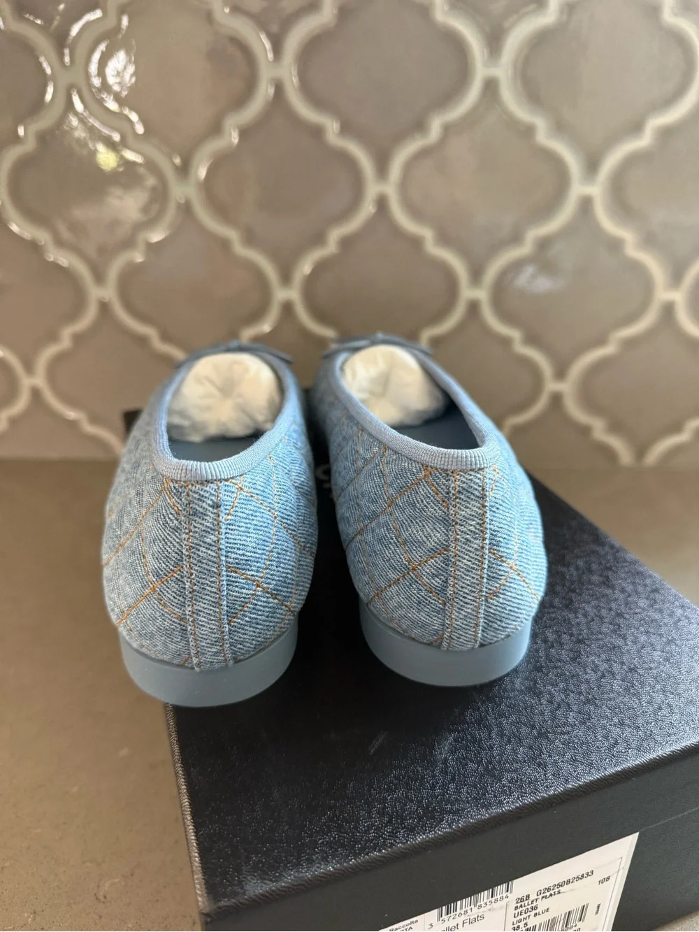 BNWT Chanel 26B Denim Light Blue Quilted Ballet Flat, Size 38.5